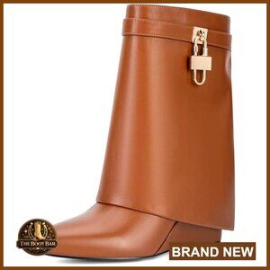 Faux Leather Wedge Heel Ankle Boots with Pull-On Style and Padlock Detail